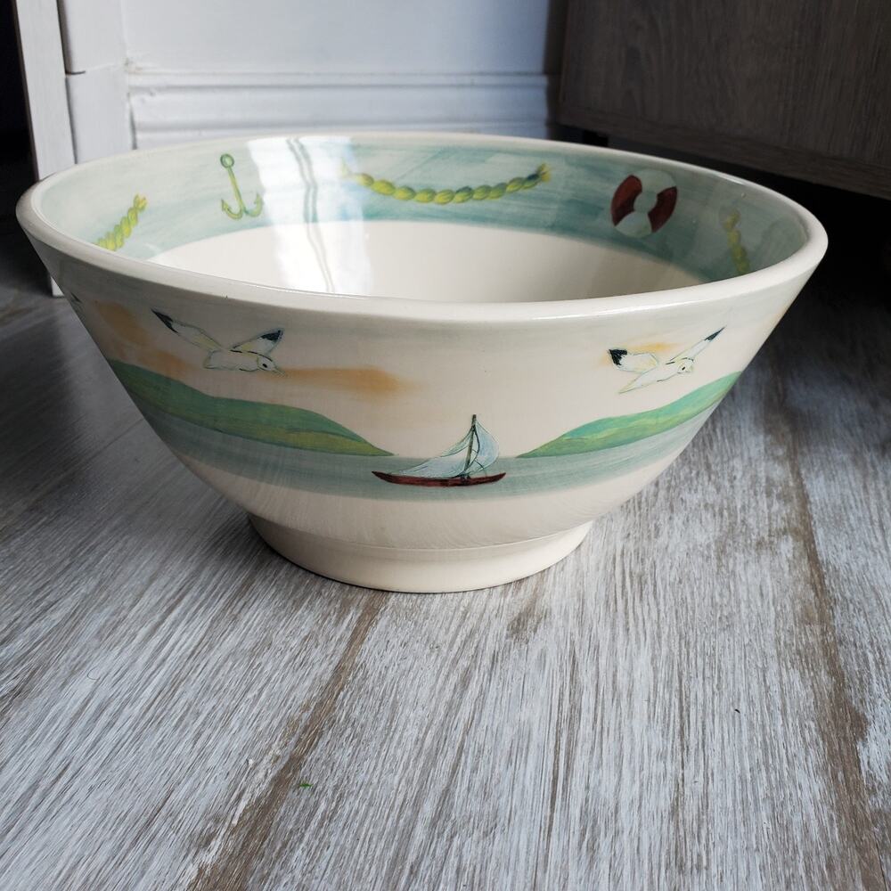 Oxney Green Hand Painted Large Bowl Lighthouse Nautical Seagull Boat Beach House